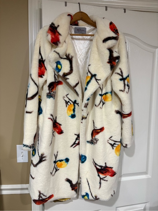 Melody Jackets & Blazers - NWOT- Melody- Cream Faux-Fur Teddy Coat with Colorful Bird Motif